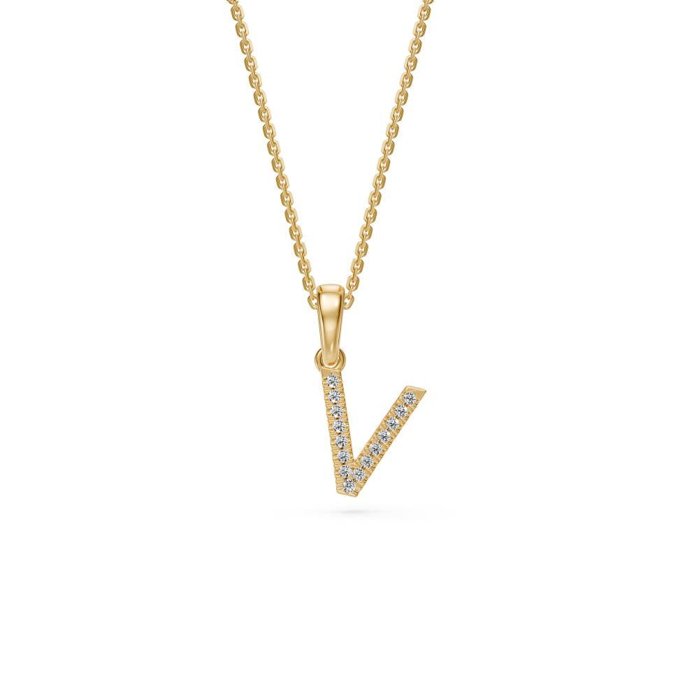 Mini Diamond Letter V Pendant in Yellow Gold