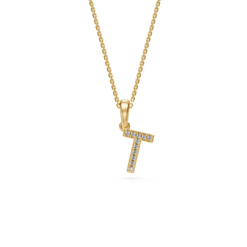 Mini Diamond Letter T Pendant in Yellow Gold