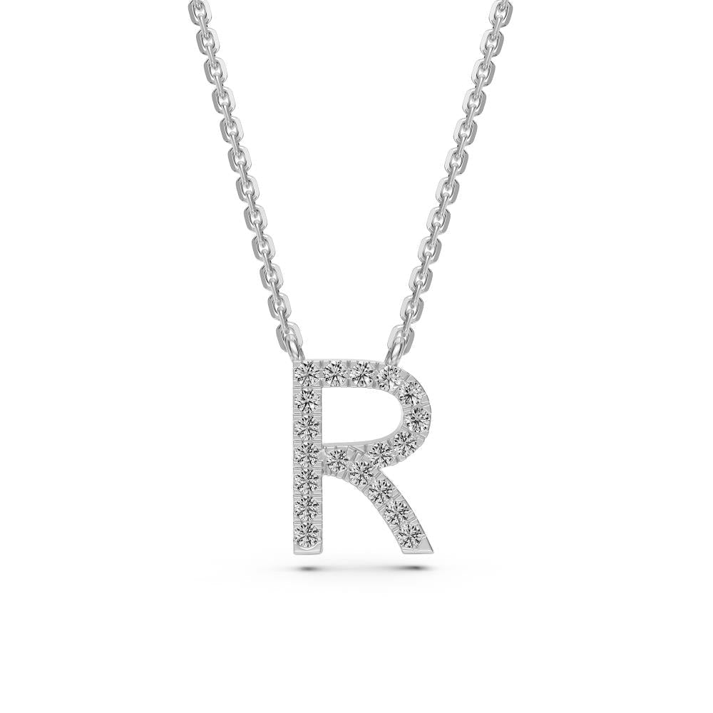 Diamond Letter R Necklace in White Gold
