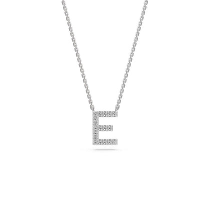 Diamond Letter E Necklace in White Gold