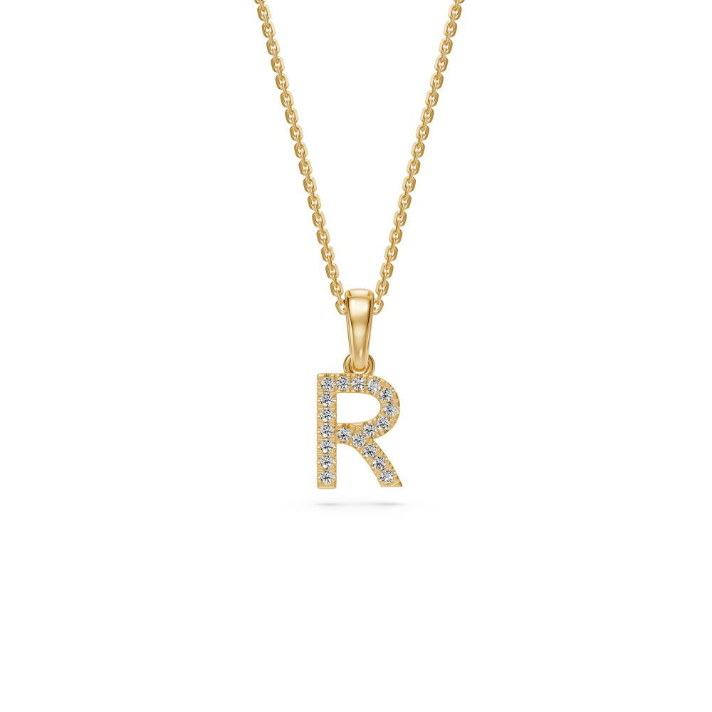 Mini Diamond Letter R Pendant in Yellow Gold