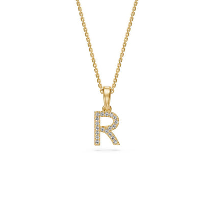Mini Diamond Letter R Pendant in Yellow Gold