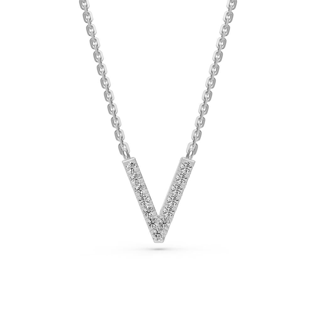 Diamond Letter V Necklace in White Gold