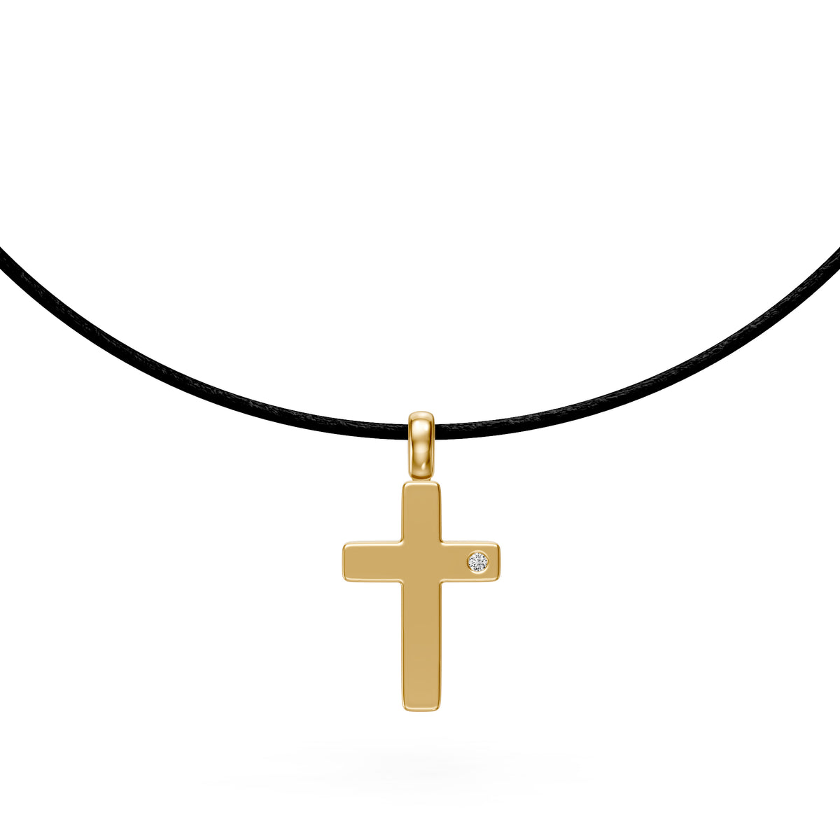 Diamond Cross Necklace on Black Cord in Yellow Gold