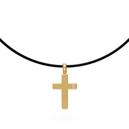 Diamond Cross Necklace on Black Cord in Yellow Gold