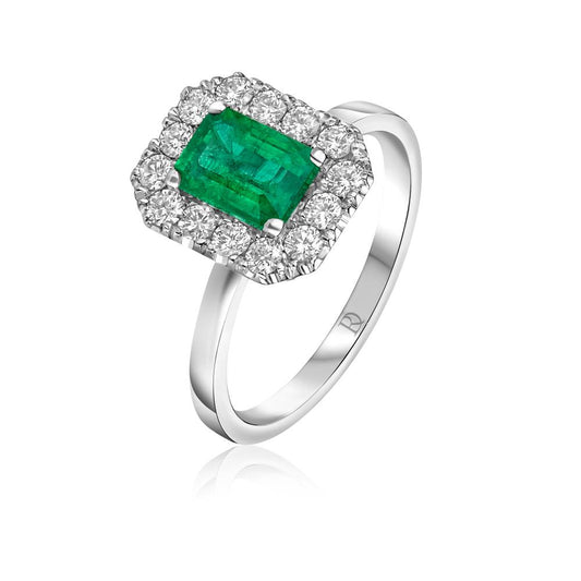 Balto aukso žiedas su smaragdu ir deimantais NA0522